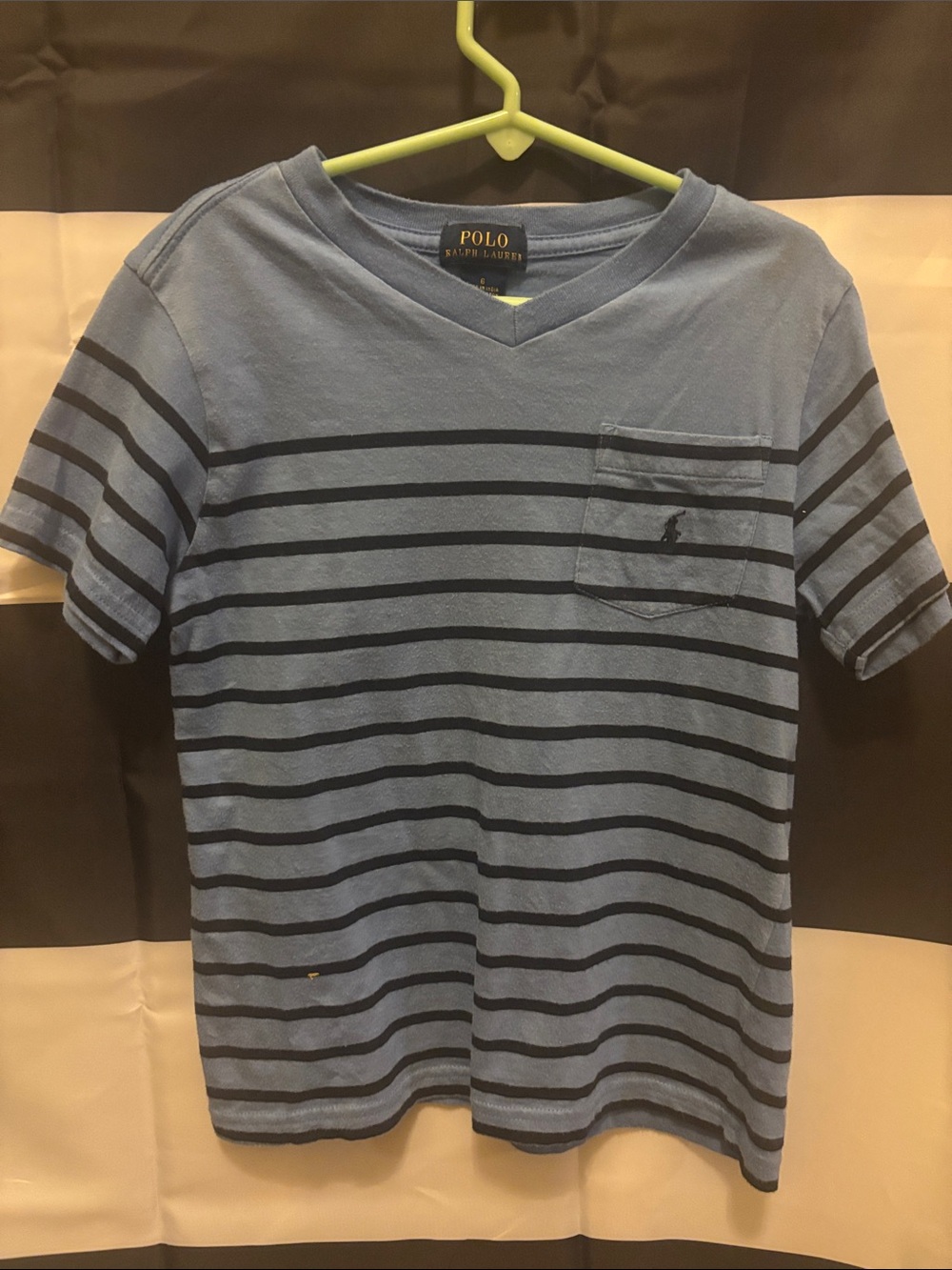 Polo by Ralph Lauren Light Blue & Navy Striped V‑Neck Pocket Tee